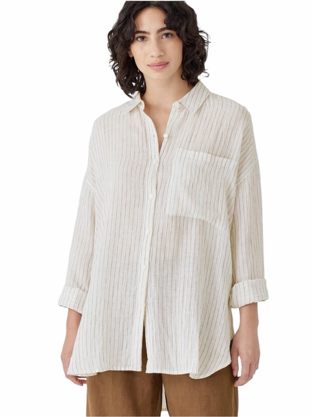 Eileen Fisher - NWT Organic Linen Striped Button-Front Shirt Sz M